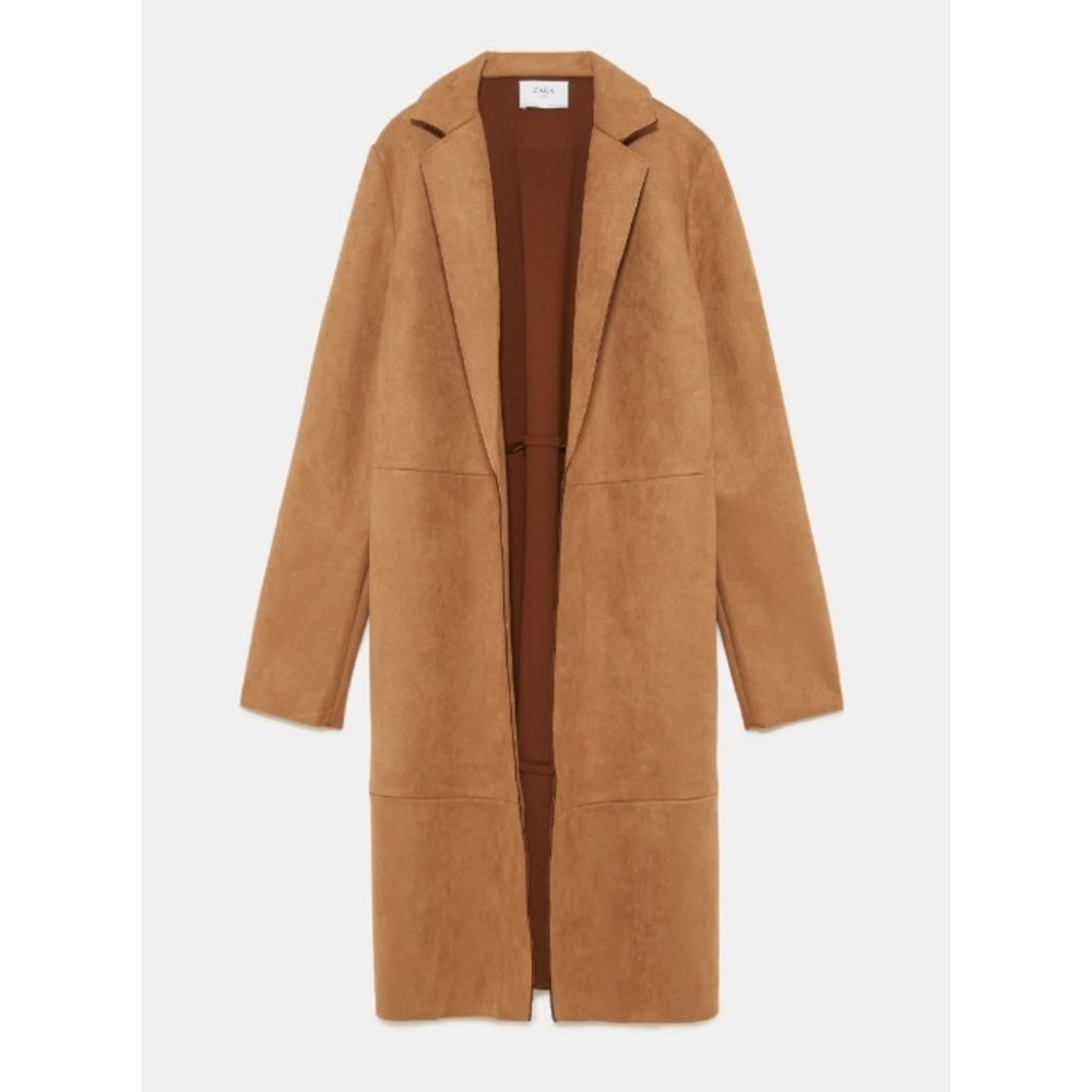 Zara Camel Brown Faux Suede Lightweight Midi Trench Coat EUC size S